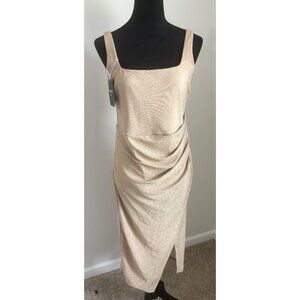 Womens Halara Midi Dress Gold Shimmer Stretch Size Large NWT